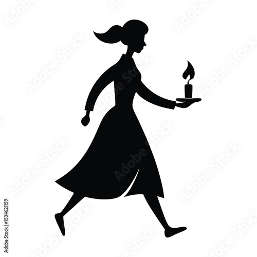 A silhouette of a woman holding a tray with two wine glasses