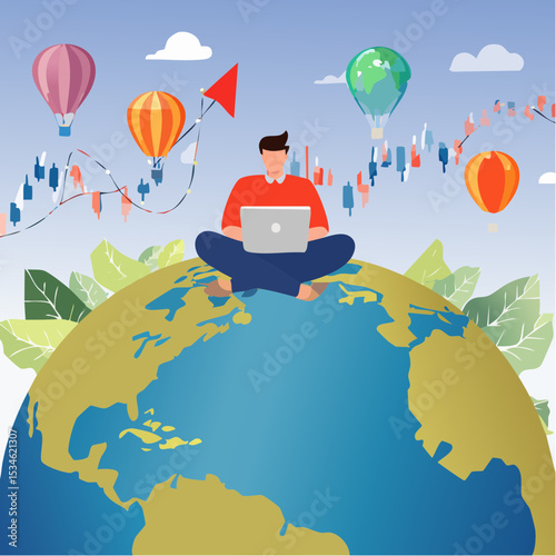 Global stock market, world or international investment, financial analysis or earning growth, stock trading concept, smart businessman investor trading on laptop on the globe with financial grap