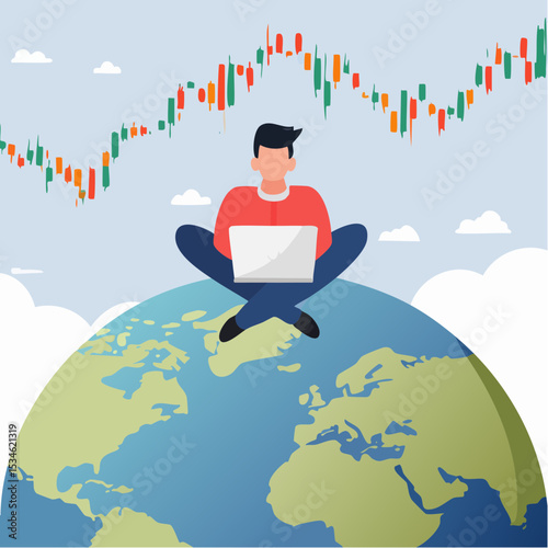 Global stock market, world or international investment, financial analysis or earning growth, stock trading concept, smart businessman investor trading on laptop on the globe with financial grap