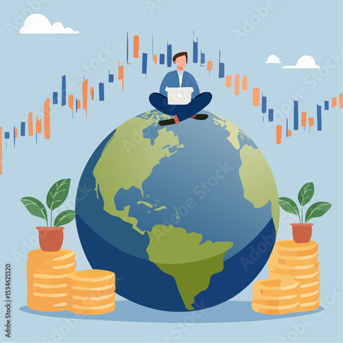 Global stock market, world or international investment, financial analysis or earning growth, stock trading concept, smart businessman investor trading on laptop on the globe with financial grap