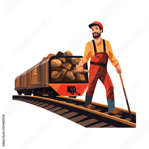 Professional Mining Worker with Picks and Shovel in Train Carriage Illustration