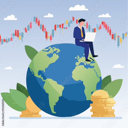 Global stock market, world or international investment, financial analysis or earning growth, stock trading concept, smart businessman investor trading on laptop on the globe with financial grap