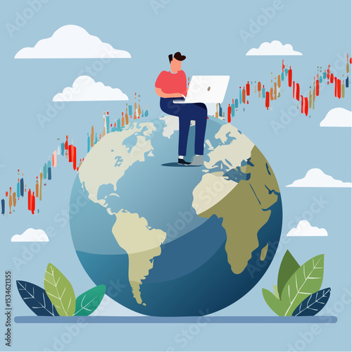 Global stock market, world or international investment, financial analysis or earning growth, stock trading concept, smart businessman investor trading on laptop on the globe with financial grap