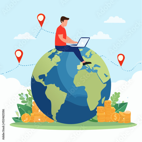 Global stock market, world or international investment, financial analysis or earning growth, stock trading concept, smart businessman investor trading on laptop on the globe with financial grap