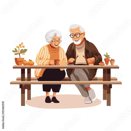Elderly Couple Enjoying Picnic: Icon of Old People Sitting on Picnic Table in Simple Style