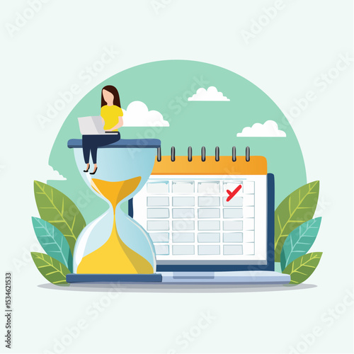 Calendar deadline to finish work, time countdown to launch date, reminder or planner, organize work or project management concept, businesswoman work computer laptop on sandglass and calendar dat