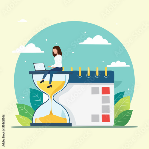Calendar deadline to finish work, time countdown to launch date, reminder or planner, organize work or project management concept, businesswoman work computer laptop on sandglass and calendar dat