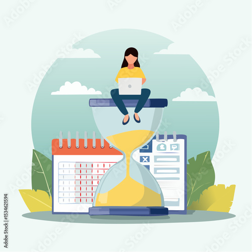 Calendar deadline to finish work, time countdown to launch date, reminder or planner, organize work or project management concept, businesswoman work computer laptop on sandglass and calendar dat