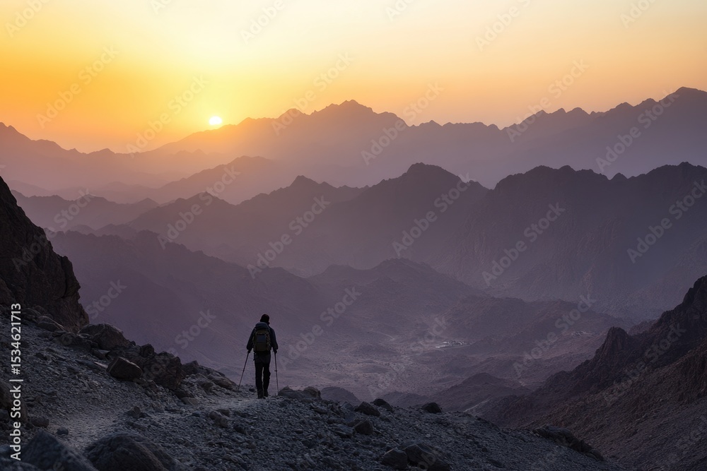Fototapeta premium Lone hiker silhouetted against a stunning mountain range at sunset, creating a breathtaking vista of color and depth in nature.