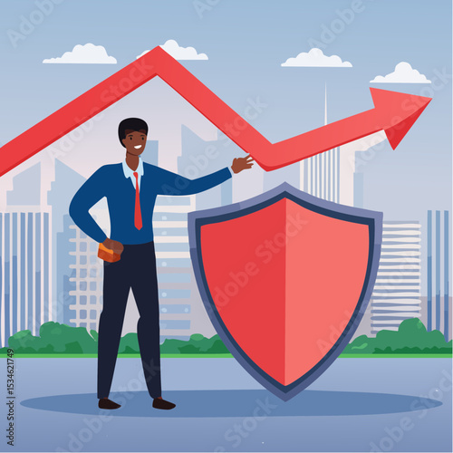 Financial security, money loss or wealth protection, defense from cyber attack or economic recession concept, strong businessman holding shield to protect from red arrow attacking financial securit