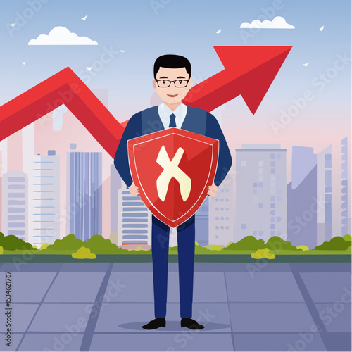 Financial security, money loss or wealth protection, defense from cyber attack or economic recession concept, strong businessman holding shield to protect from red arrow attacking financial securit