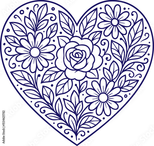 Floral heart design in line art style with black outlines