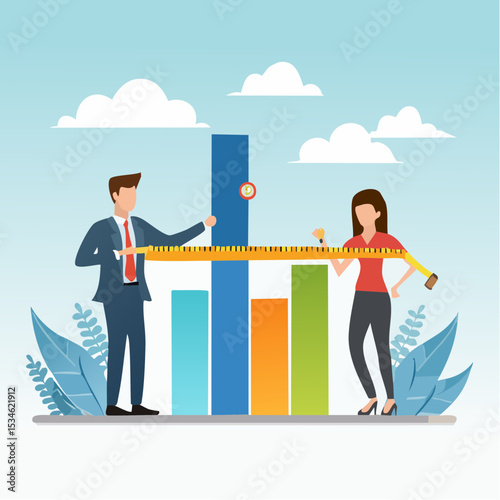 Business benchmark measurement, KPI, key performance indicator to evaluate success, improvement or business growth concept, businessman and woman help using measuring tape to measure bar grap