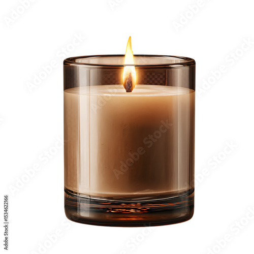 Lit scented candle in a glass tumbler on isolated on white transparent background perfect for relaxation and spa decoration with soft glow and warm light