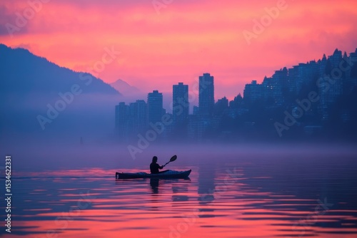 Kayaker paddling on calm water at sunset, with mountains and buildings silhouetted in the foggy background.