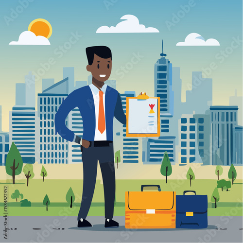 Company policies document, legal of term and services, agreement or process to follow, corporate rules or guidance concept, businessman holding pen with company policy document and business briefcas