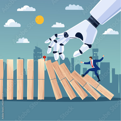 AI to disrupt human work, Artificial intelligence impact or challenge, job uncertainty future, innovation effect, AI change concept, AI robot arm push to collapse domino, businessman falling dow