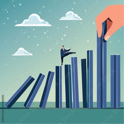 AI to disrupt human work, Artificial intelligence impact or challenge, job uncertainty future, innovation effect, AI change concept, AI robot arm push to collapse domino, businessman falling dow