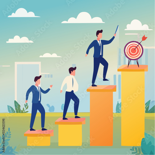Progression from start to success, development or improvement, challenge to progress and win competition, tasks completion to finish project, businessman step on checklist to progress to targe