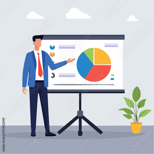 Explainer video online tutorial or training course, expertise explaining business strategy online, movie or education video clip, businessman expert explain business pie chart in video interfac