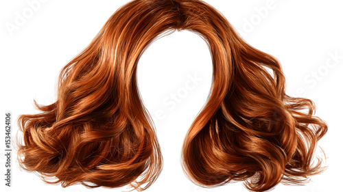 Luxurious auburn hair wig or hairpiece with voluminous waves isolated on isolated on white transparent background for beauty and fashion concepts