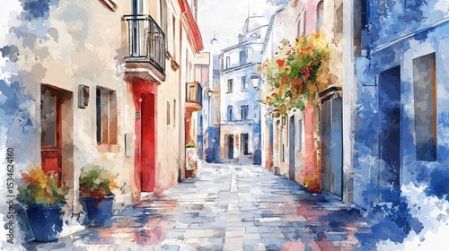 Watercolor Narrow Alley Vector Illustration Isolated photo