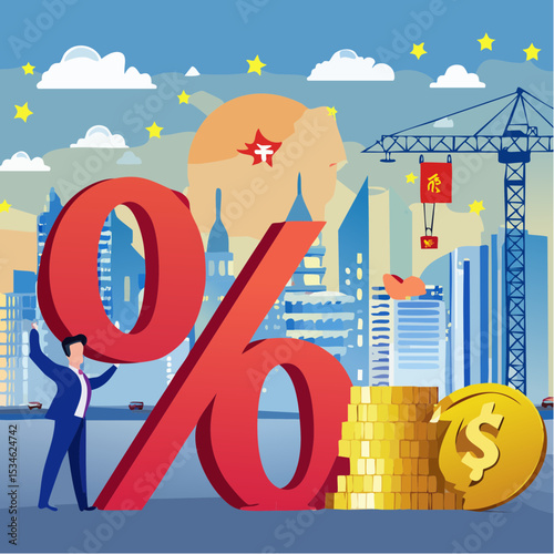 Tariff or import tax trade war, conflict between US and China causing economic recession, customs, regulation, import and export tax concept, businessman hold percentage sign metaphor of tariff ta
