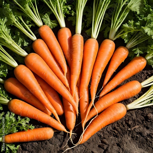 Freshly harvested carrots arranged on dark soil with vibrant green leafy tops in a garden setting