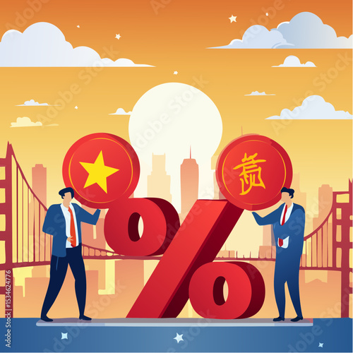 Tariff or import tax trade war, conflict between US and China causing economic recession, customs, regulation, import and export tax concept, businessman hold percentage sign metaphor of tariff ta