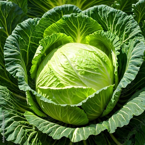 Fresh green cabbage growing in a garden under sunlight with vibrant leaves around it