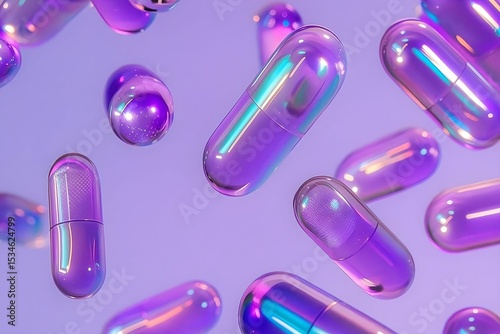 Colorful capsules floating against a pastel purple background in a captivating abstract design