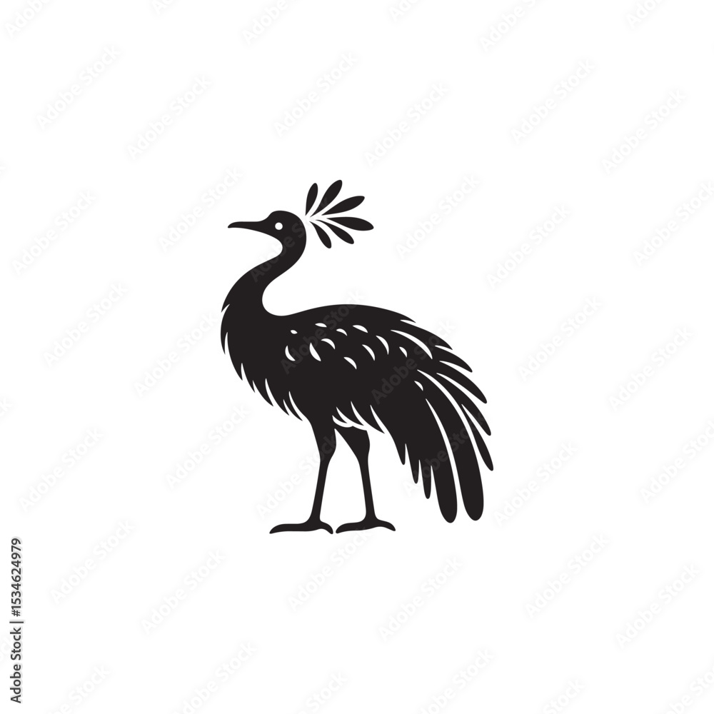 Fototapeta premium Powerful Cassowary Silhouette Vector Art – Bold Tropical Bird Design Featuring Distinctive Helmeted Head, Strong Legs, Jungle Wildlife Icon in Minimalist Black Outline for Modern Display 