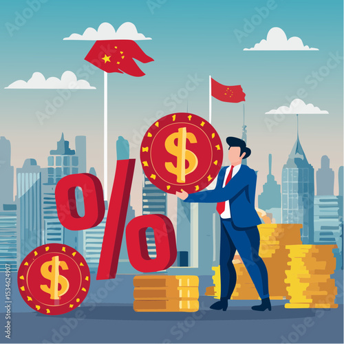 Tariff or import tax trade war, conflict between US and China causing economic recession, customs, regulation, import and export tax concept, businessman hold percentage sign metaphor of tariff ta
