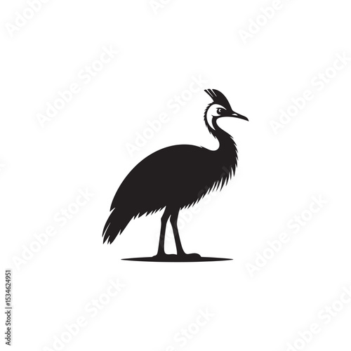 Powerful Cassowary Silhouette Vector Art – Bold Tropical Bird Design Featuring Distinctive Helmeted Head, Strong Legs, Jungle Wildlife Icon in Minimalist Black Outline for Modern Display
