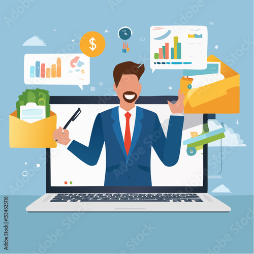Business consultant, advisor or expertise, online presentation or conference call, strategy and analysis concept, smart businessman from computer laptop monitor giving some advice with analysis grap