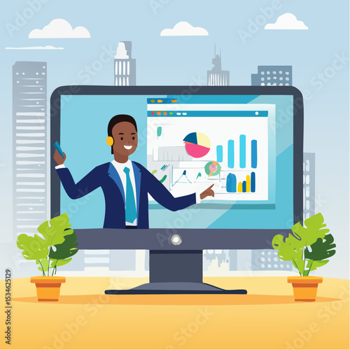 Business consultant, advisor or expertise, online presentation or conference call, strategy and analysis concept, smart businessman from computer laptop monitor giving some advice with analysis grap