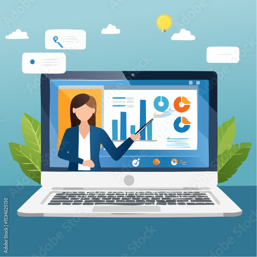 Business consultant, advisor or expertise, online presentation or conference call, strategy and analysis concept, smart businessman from computer laptop monitor giving some advice with analysis grap