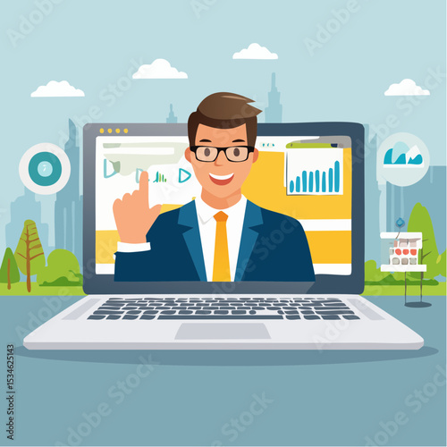 Business consultant, advisor or expertise, online presentation or conference call, strategy and analysis concept, smart businessman from computer laptop monitor giving some advice with analysis grap