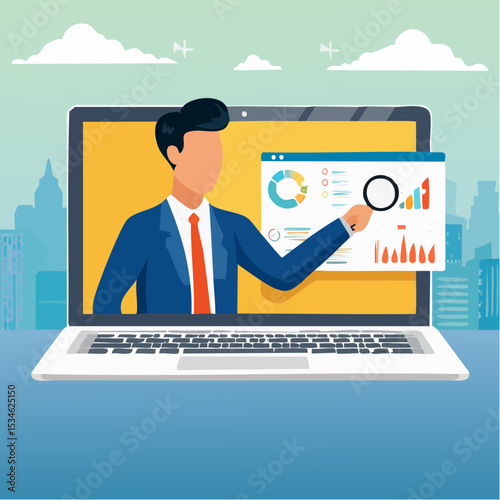 Business consultant, advisor or expertise, online presentation or conference call, strategy and analysis concept, smart businessman from computer laptop monitor giving some advice with analysis grap