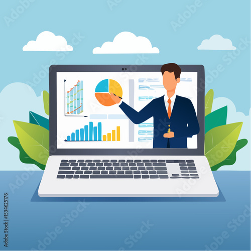 Business consultant, advisor or expertise, online presentation or conference call, strategy and analysis concept, smart businessman from computer laptop monitor giving some advice with analysis grap