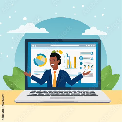 Business consultant, advisor or expertise, online presentation or conference call, strategy and analysis concept, smart businessman from computer laptop monitor giving some advice with analysis grap