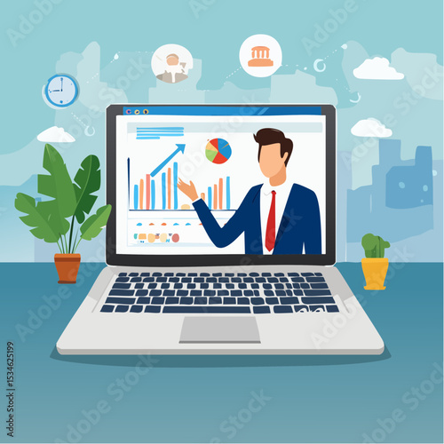 Business consultant, advisor or expertise, online presentation or conference call, strategy and analysis concept, smart businessman from computer laptop monitor giving some advice with analysis grap
