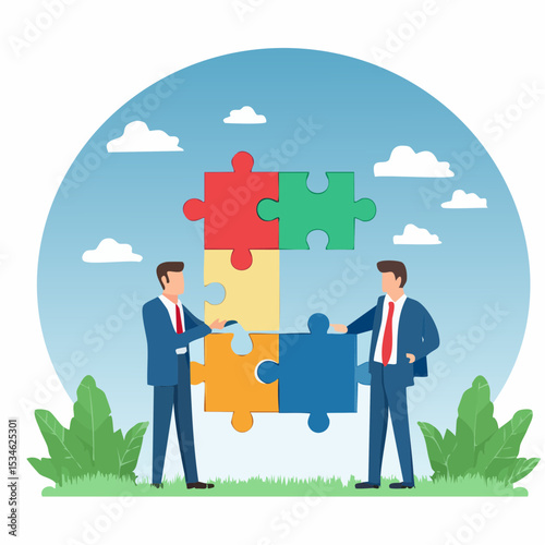 Partnership, teamwork or collaboration to success, solve jigsaw puzzle together, agreement or solution to win corporate trust, cooperation concept, businessman handshake connect jigsaw togethe