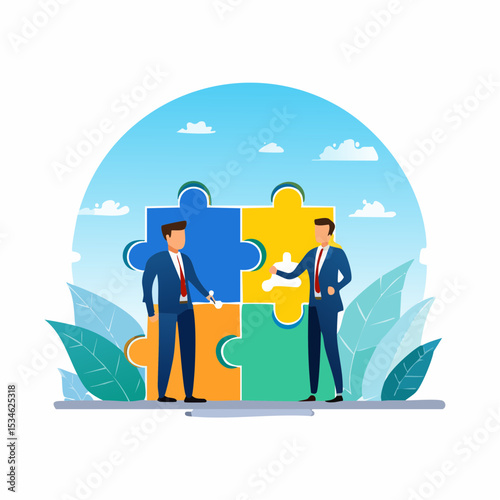 Partnership, teamwork or collaboration to success, solve jigsaw puzzle together, agreement or solution to win corporate trust, cooperation concept, businessman handshake connect jigsaw togethe