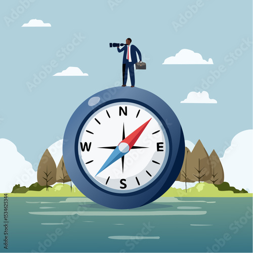 Business compass guidance direction or opportunity, make decision for business direction, finding investment opportunity, leadership or visionary concept, businessman with binocular and compas