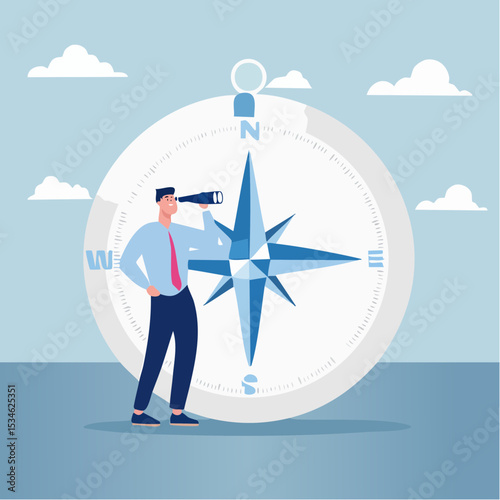 Business compass guidance direction or opportunity, make decision for business direction, finding investment opportunity, leadership or visionary concept, businessman with binocular and compas