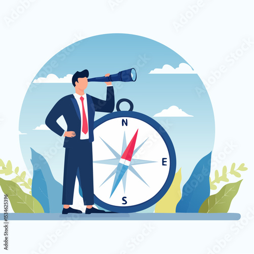 Business compass guidance direction or opportunity, make decision for business direction, finding investment opportunity, leadership or visionary concept, businessman with binocular and compas