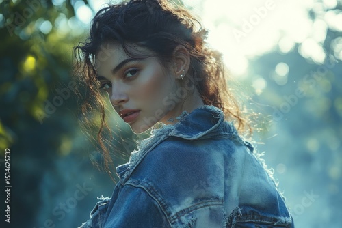 Alluring woman in a denim jacket, glancing over her shoulder in a mystical, softly-lit outdoor scene.