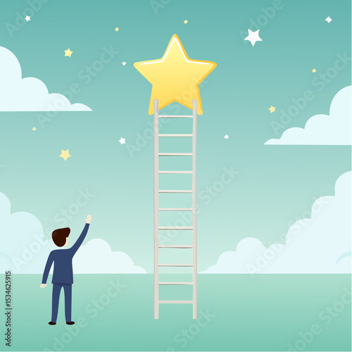 Success ladder to reach goal, achievement or opportunity, climb up ladder to get new hope, accomplishment or career development concept, businessman climb up ladder of success to reach star targe