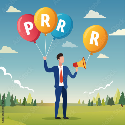 Communication or PR, Public Relations manager to communicate company information and media, announce sales or promotion concept, businessman holding speech bubble balloons while talking on megaphon